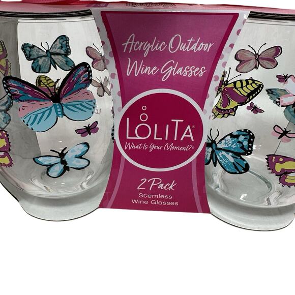 Lolita Acrylic Stemless Wine Glass Two Pack - Butterflies Garden Party Bridal - Picture 3 of 5